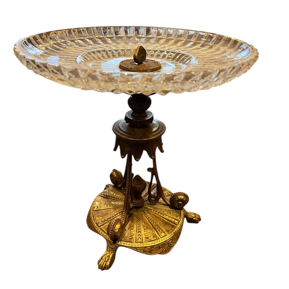 Antique Victorian Gilt Metal Pedestal Compote With Cut Glass Dish c. 1890 - Picture 6 of 6